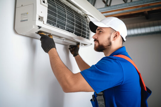 HVAC technician installing a mini split air conditioner in Daly City