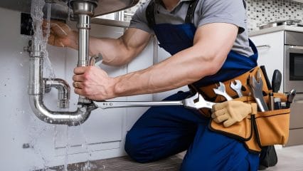 Plumber repairing pipes beneath a sink in Daly City