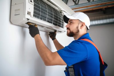 HVAC technician installing a mini split air conditioner in Daly City