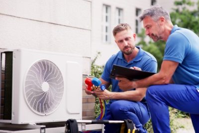 HVAC technicians installing an outdoor air conditioning unit in Daly City